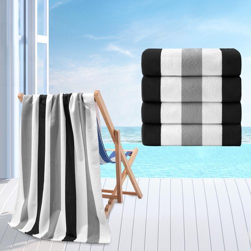 Beach Towel Set - Skiennix 4-Pack Quick-Dry Sand-Free Stripe Towels | 30"x60" Soft Absorbent Grey/Black