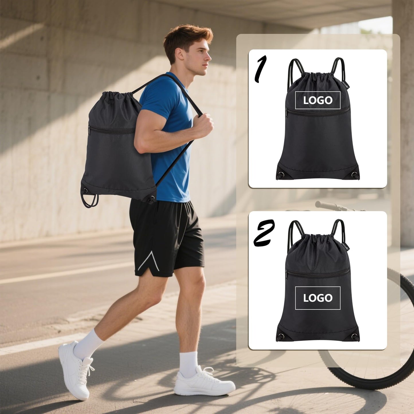 HOLYLUCK Drawstring Bags Backpack Sackpack Cinch Bags for Sports, Gym, Travel, Beach (Black)