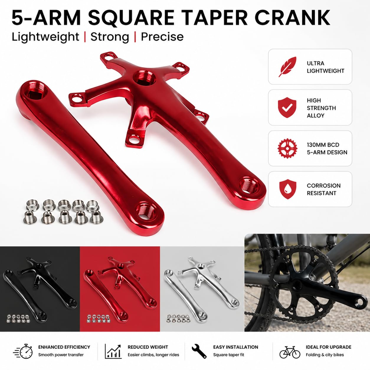 FREERDNG for Litepro Folding Bike Crankset Ultra-Light Square Crank 170MM CNC Aluminum Alloy BMX Bicycle 130BCD Chainwheel Parts Accessory (RED)
