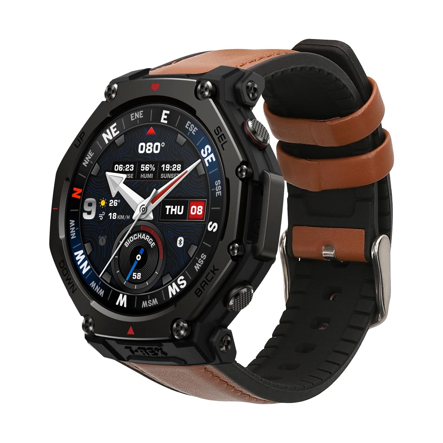 kwmobile Strap Compatible with Amazfit T-Rex 3 Strap - Silicone and Leather Sport Wristband - Brown/Black