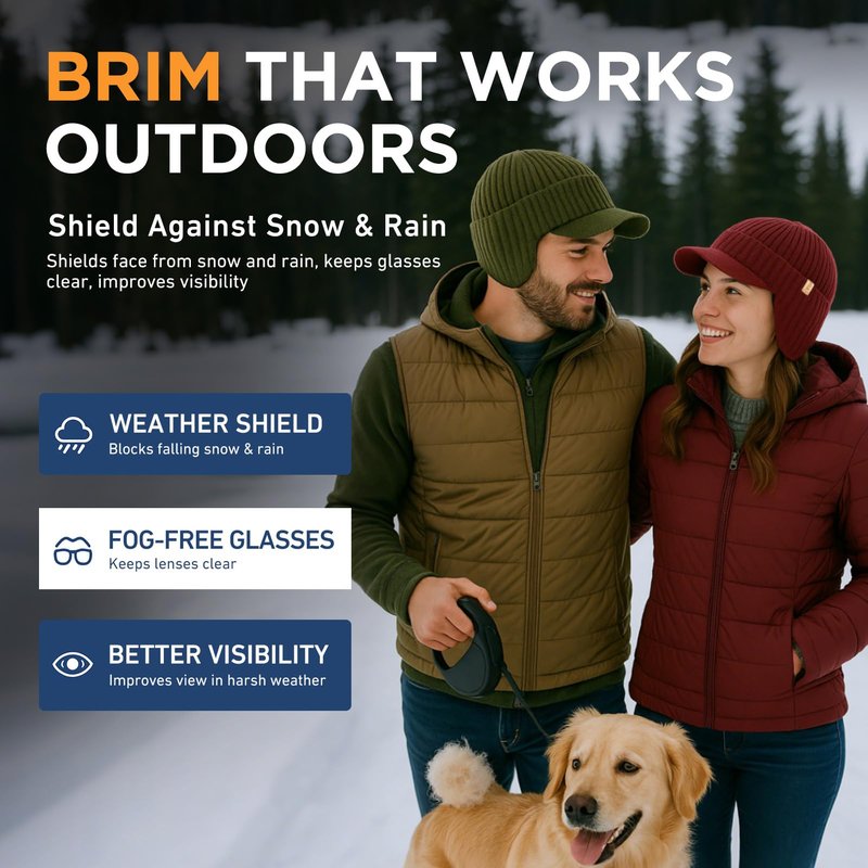 TOP-EX DryKnit™ Merino Wool Waterproof Hat with Brim and Ear Flaps Fleece Lined Beanie with Bill for Men Cold Weather Ski Outdoor Hunting for Big Head Black XL/XXL