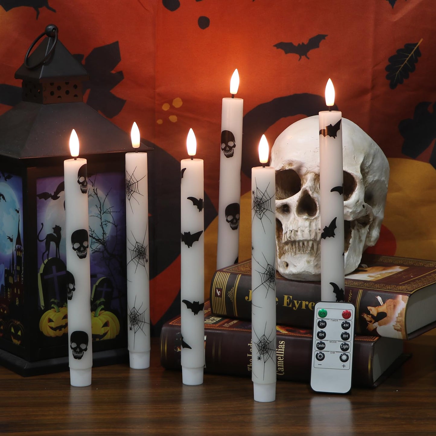 KunSwenn Halloween Flameless Taper Candles, 6 Pack LED Taper Candles Battery Operated with Remote Timer, Real Wax Flameless Candlesticks with Spider Webs/Skull/Bats Decals for Halloween Decoration