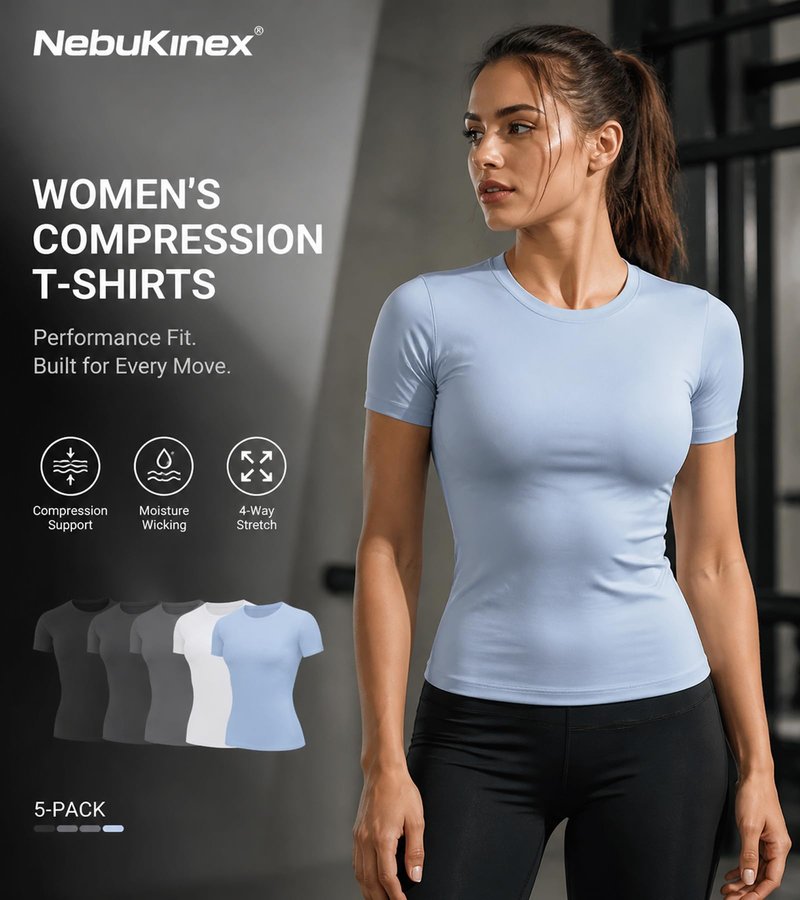 NebuKinex 5-Pack Women's Compression Shirts Short Sleeve Workout Tops Athletic Baselayer Quick Dry Gym Yoga Running T-Shirt Small