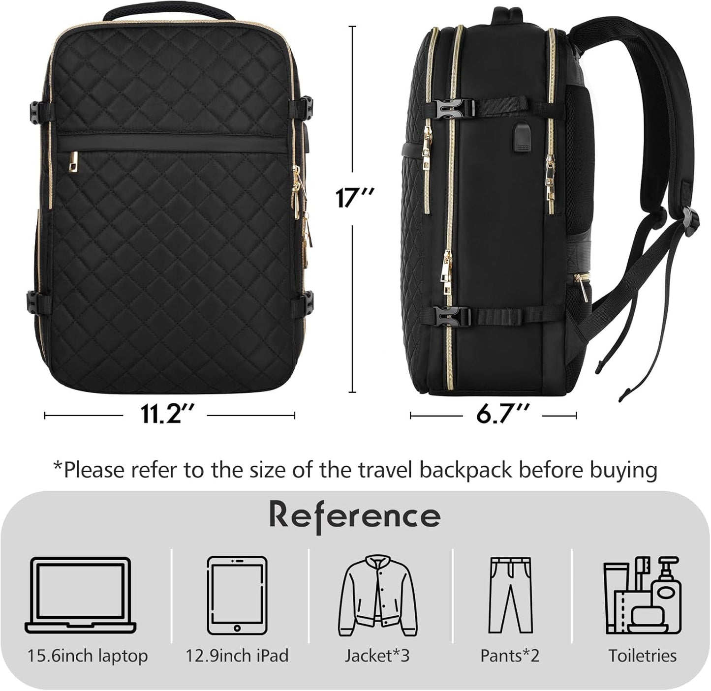 MOMUVO Travel Backpack - Airline Approved Carry-On for Women | 15.6" Laptop, USB Charging, Black