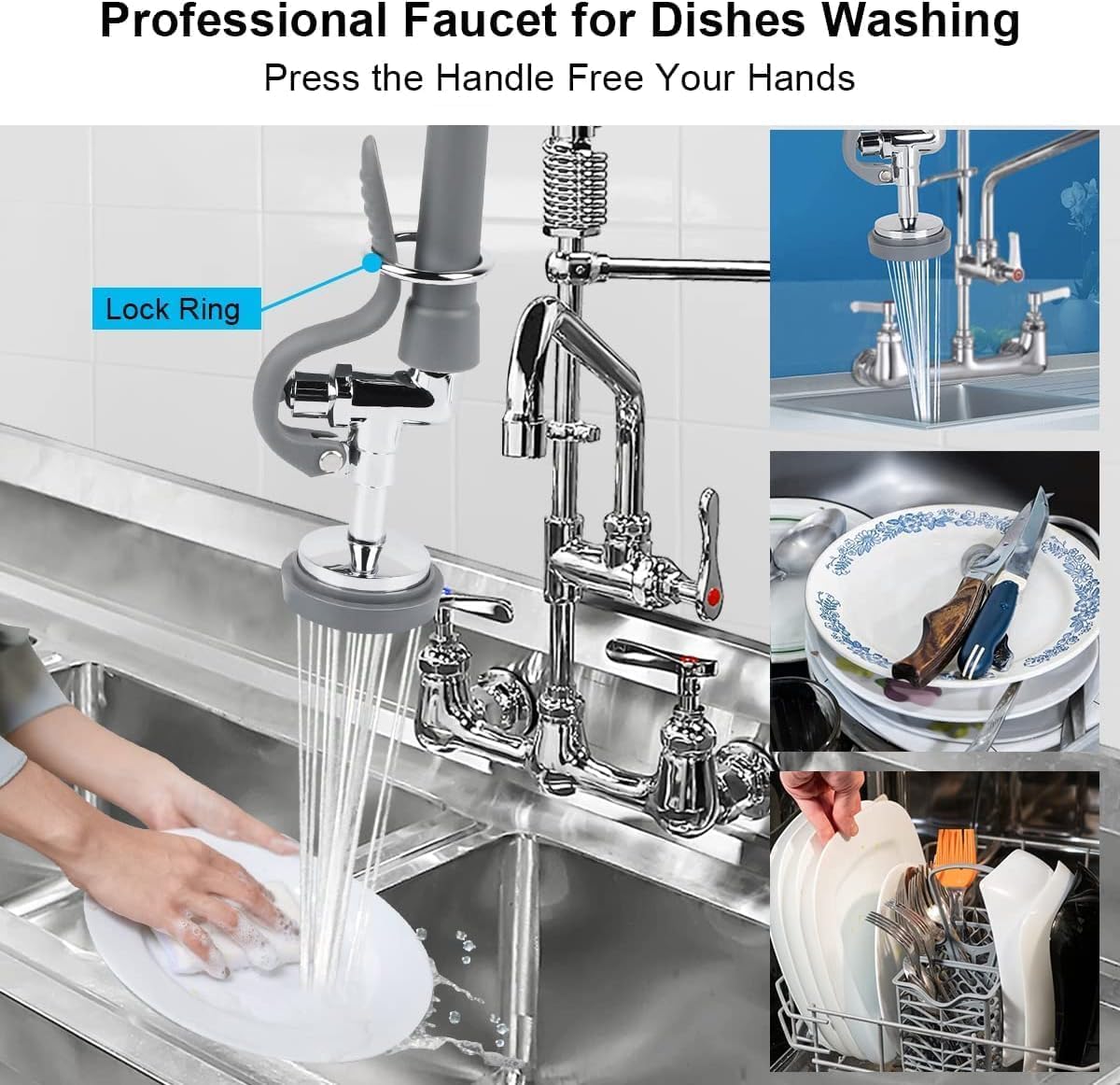 Pre Rinse Spray Valve with 60'' Stainless Hose Commercial Sink Faucet with Sprayer Nozzle Head with Flexible Hose Replacement Kit for Dishwasher Restaurant Wall Mount Kitchen Industrial- Gray