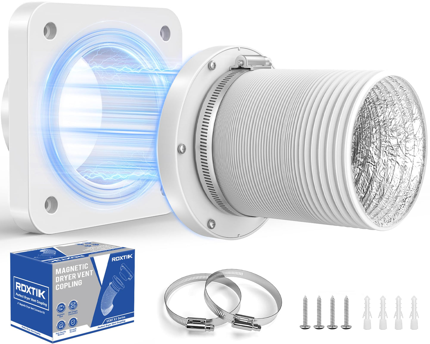 RDXTIK Magnetic Dryer Vent Connector, DV180 Airtight Seal Dryer Vent Coupling Kit with 4" 3.3ft Duct, Quick Connector For Tight Space and Easy to Clean