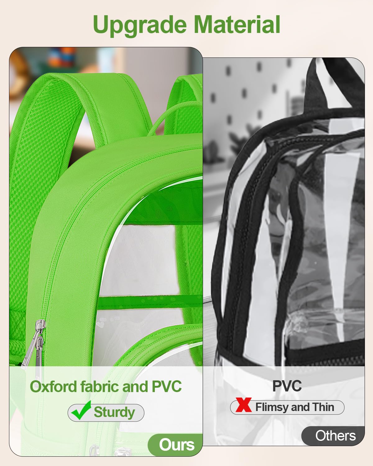 KIMNERPU Clear Backpack, Heavy Duty Transparent Bookbag for School, Fabric & PVC Transparent Backpack with Reinforced Strap for Women Men, Capacity Clear Bag for College, Travel, Security, Green
