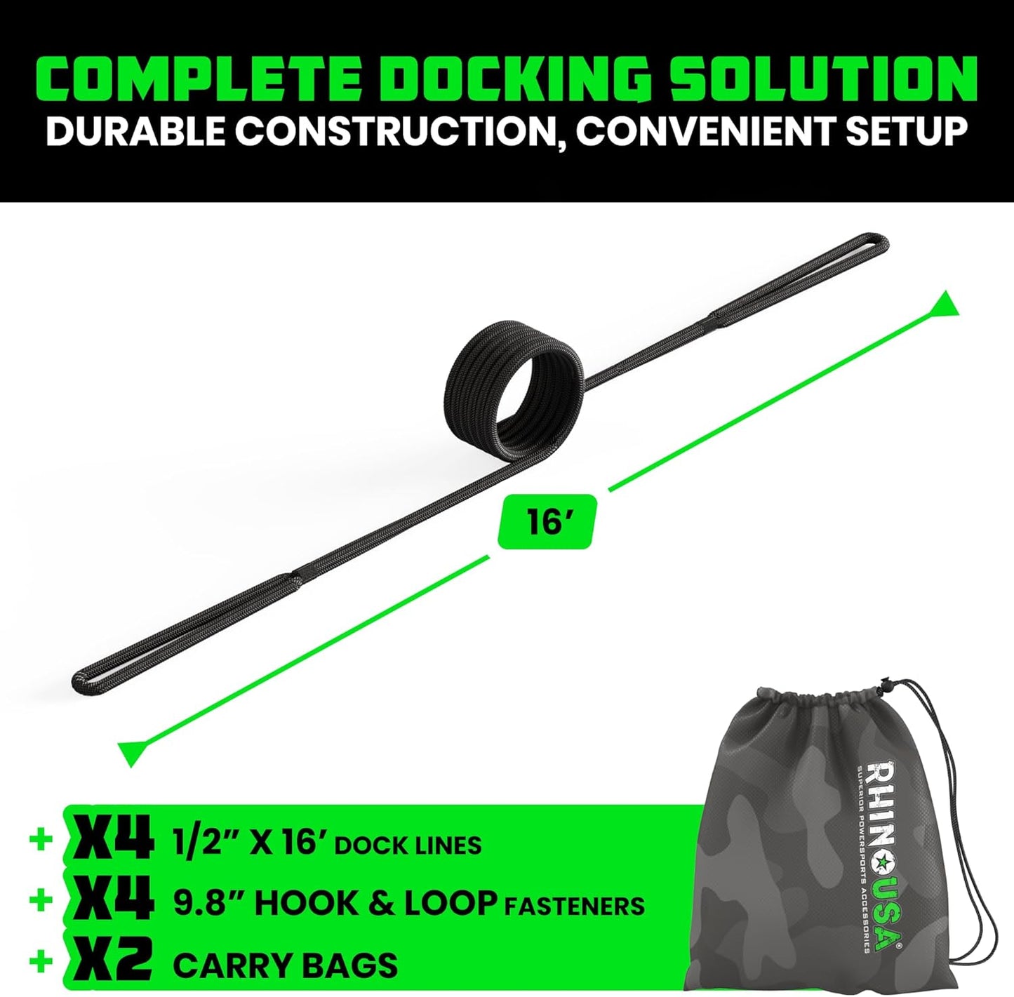 Rhino USA Dock Lines - Heavy Duty 1/2" x 16' Marine Grade Rope for Boats, Kayaks & Pontoons | Black