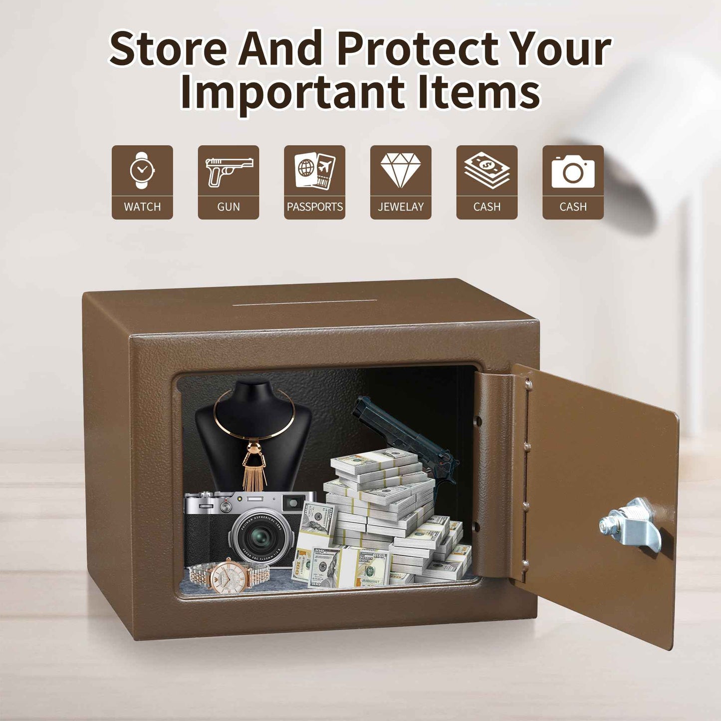 ELLAIG 0.24Cuft Small Safe Box Money Cash Safe Keys Gun Safe Mini Security Lock Safe Boxes for Coin Home Office Hotel Rooms Business Jewelry Gun 9.05 x 6.7 x 6.7 inches(Brown)