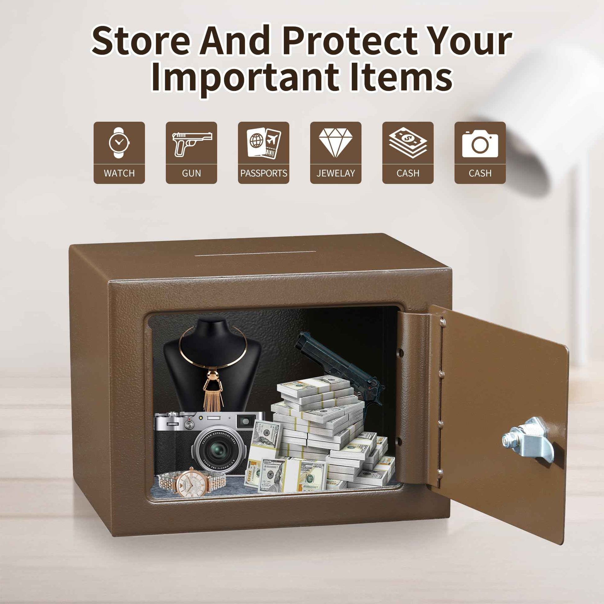 ELLAIG 0.24Cuft Small Safe Box Money Cash Safe Keys Gun Safe Mini Security Lock Safe Boxes for Coin Home Office Hotel Rooms Business Jewelry Gun 9.05 x 6.7 x 6.7 inches(Brown)