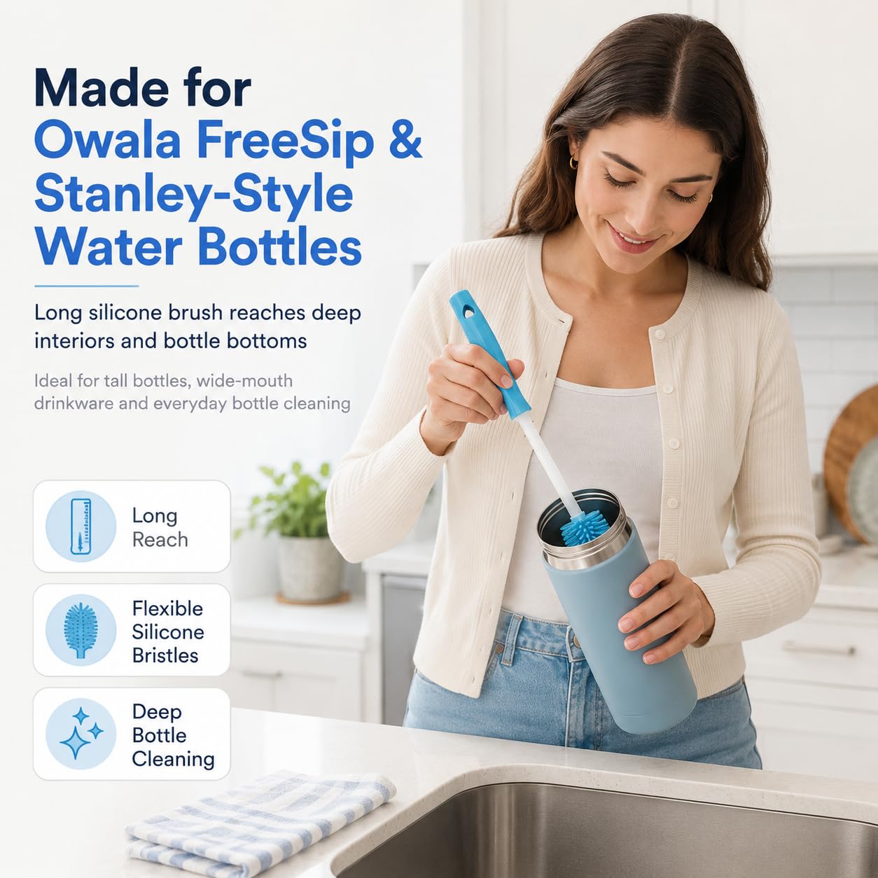 4 Pack Bottle Brush Cleaner Water Bottle Brush Cleaning Kit Straw Cleaner for Owala Freesip, Bottle Cleaner for Stanley Silicone Brush for Tumbler Sport Bottles, Water Bottles