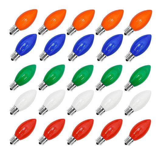 Jasneniebo 25 Pack C7 Multicolor Christmas Replacement Lights Bulbs, Ceramic Bulbs for Night Light Christmas Outdoor Patio Indoor String Lights, C7/E12 Candelabra Base, 5 Watt- Multicolor