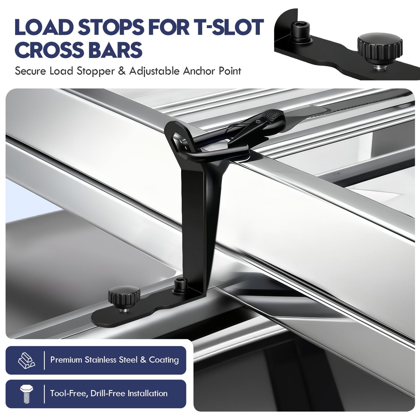 Draviple Load Stops for T-Slot Cross Bars 4-Pack, Stainless Steel Replacement with Secure Locking Clamps - Compatible with Roof Racks for Kayak, Canoe, Ladder, Ski, Surfboard, Paddleboard, Snowboard