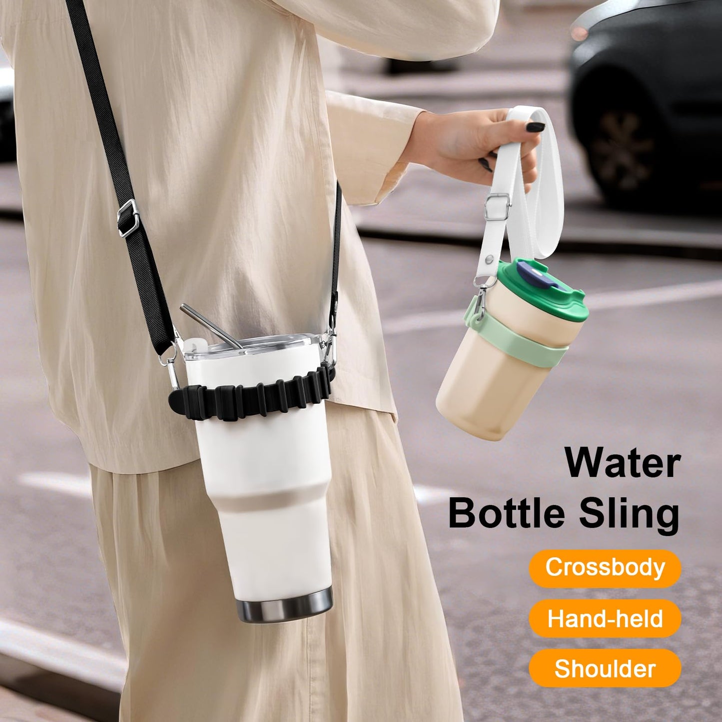 2 Pieces [Black+Green] Silicone Water Bottle Straps, 28.5" Internal Adjustable Water Bottle Holder Straps, Strong and Durable Thick Silicone Material for Stanley 40/30 Ounce Water Bottle Sling