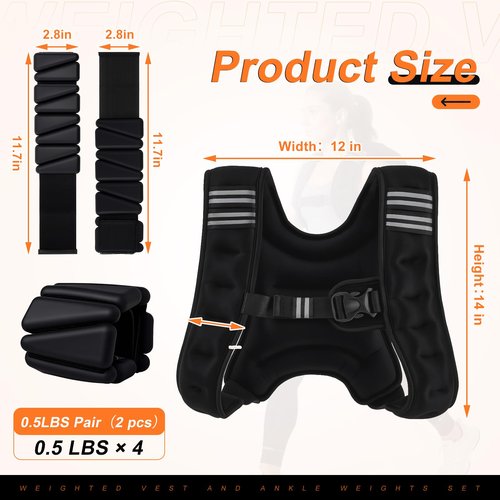 Arrowbash Weighted Vest, 6 lb Weight Vest with Reflective Stripe, 2 Pair of 1 lb Wrist & Ankle Weights Set for Men Women Adjustable for Workout, Strength Training, Running, Fitness, Muscle Building