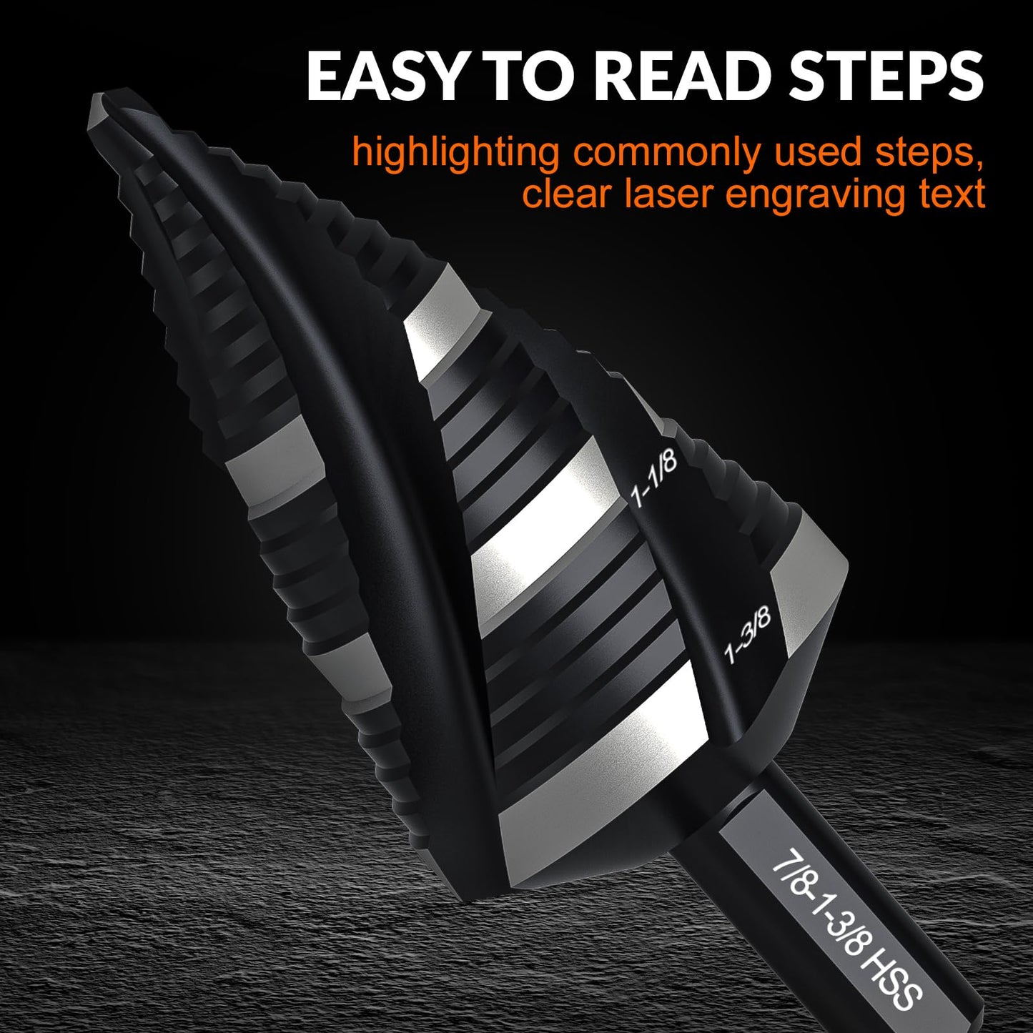 THINKWORK Four Spiral Flute Step Drill Bit, HSS Step Drill Bit3/16-1-3/8 (3 Popular Sizes) Unibit Step Drill Bit, 1/4" Shank Step Bits for Aluminum, Wood, Plastic, Metal