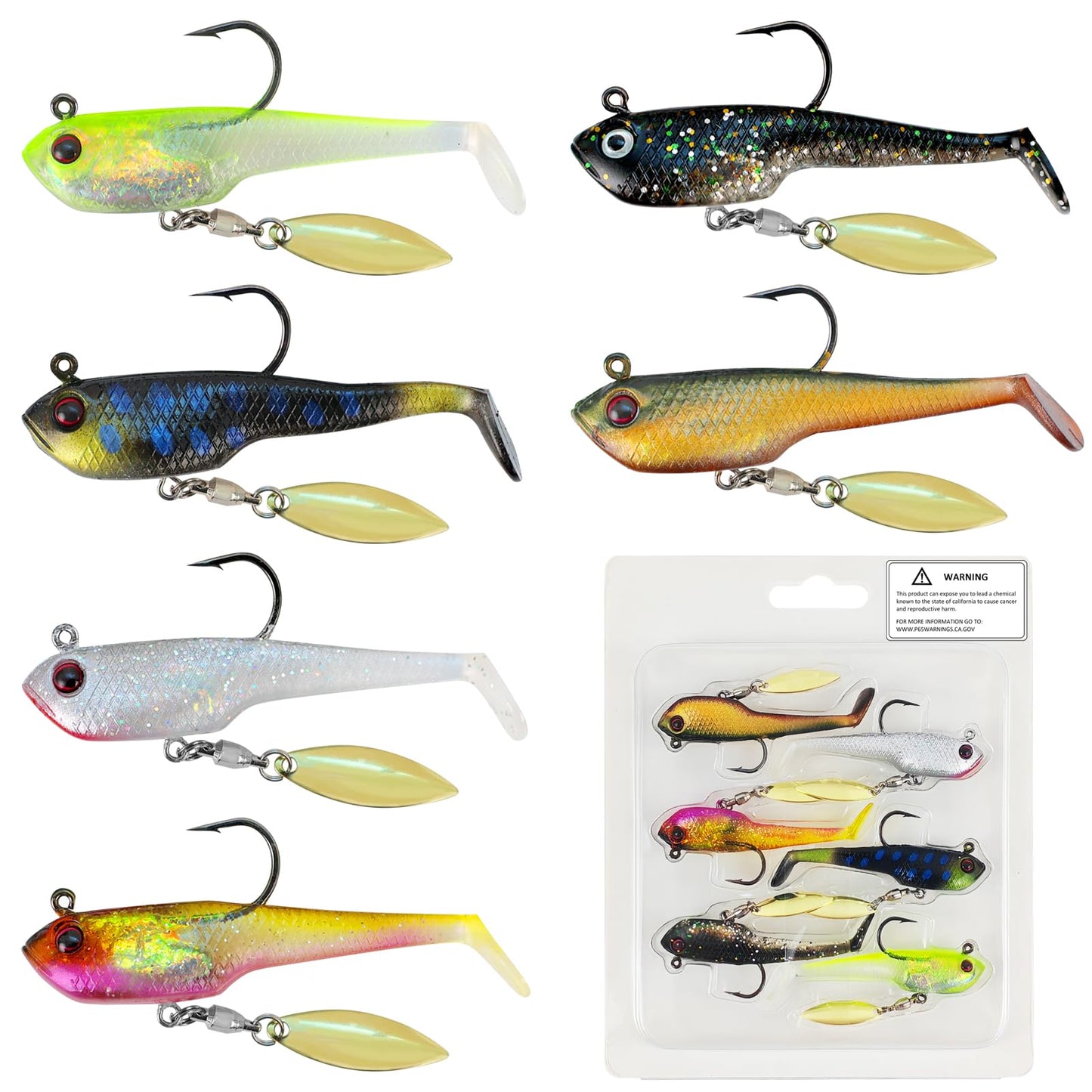 FREE FISHER 6Pcs Pre-Rigged Soft Lures Jig Head Paddle Tail Swimbaits with Spinner Blades for Bass Trout Walleye Crappie Fishing 2.6in/0.4oz