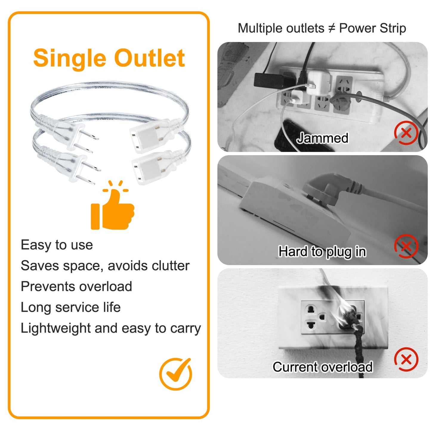 Rkoyes 2 Pack 1 Foot Short Clear Extension Cord Indoor Thin, Single Outlet Plug, Polarized Male-Female, Small Invisible Two Prong Extension Cord 1 FT with UL-Certified, 2 x 18AWG, 250V 7.5A