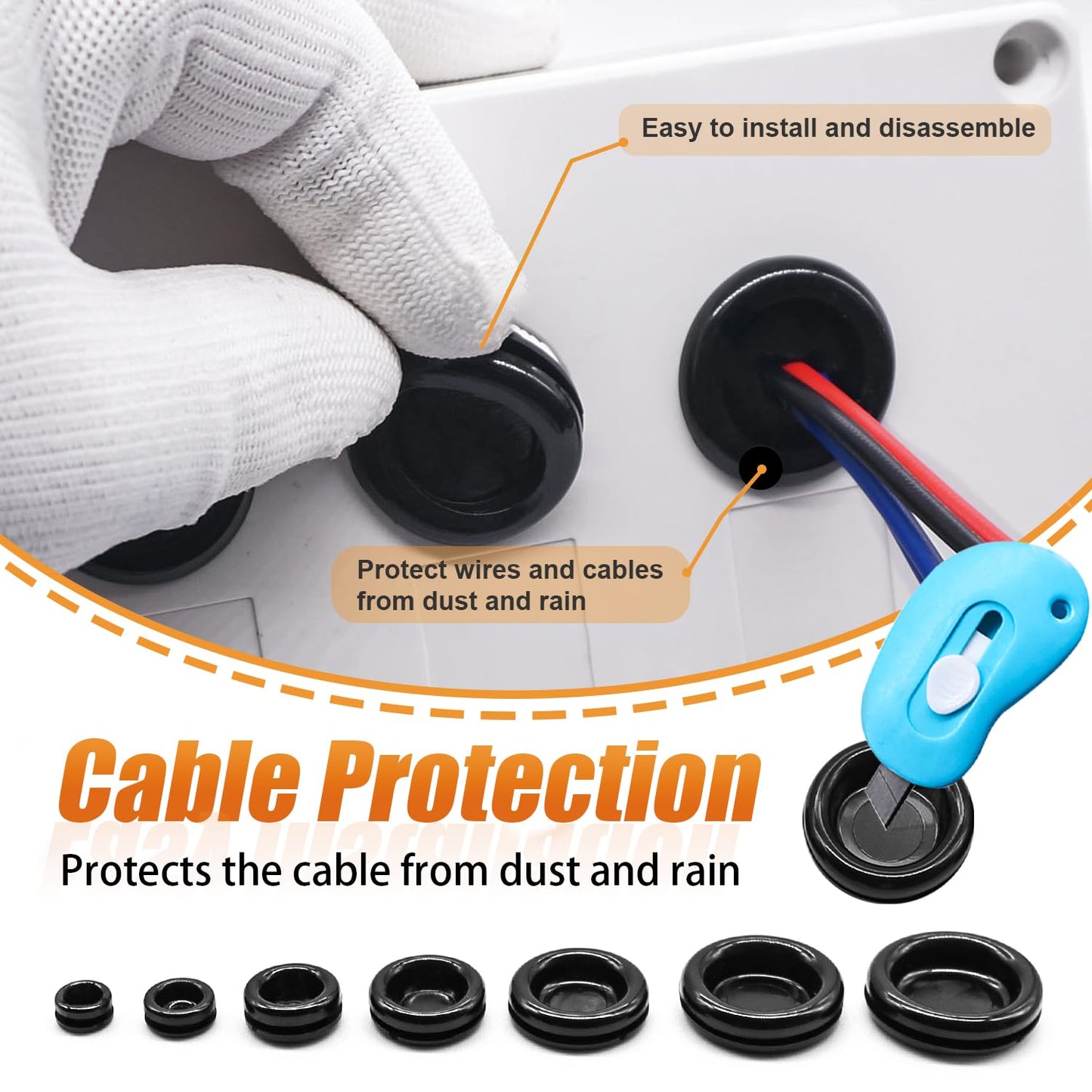 mankk 188PCS Closed Rubber Grommet Kit Firewall Hole Plug Assortment Kit 7 Size(7/25" 3/8" 1/2" 5/8" 3/4" 7/8" 1") Drill Hole Round Rubber Hole Plug with Knife