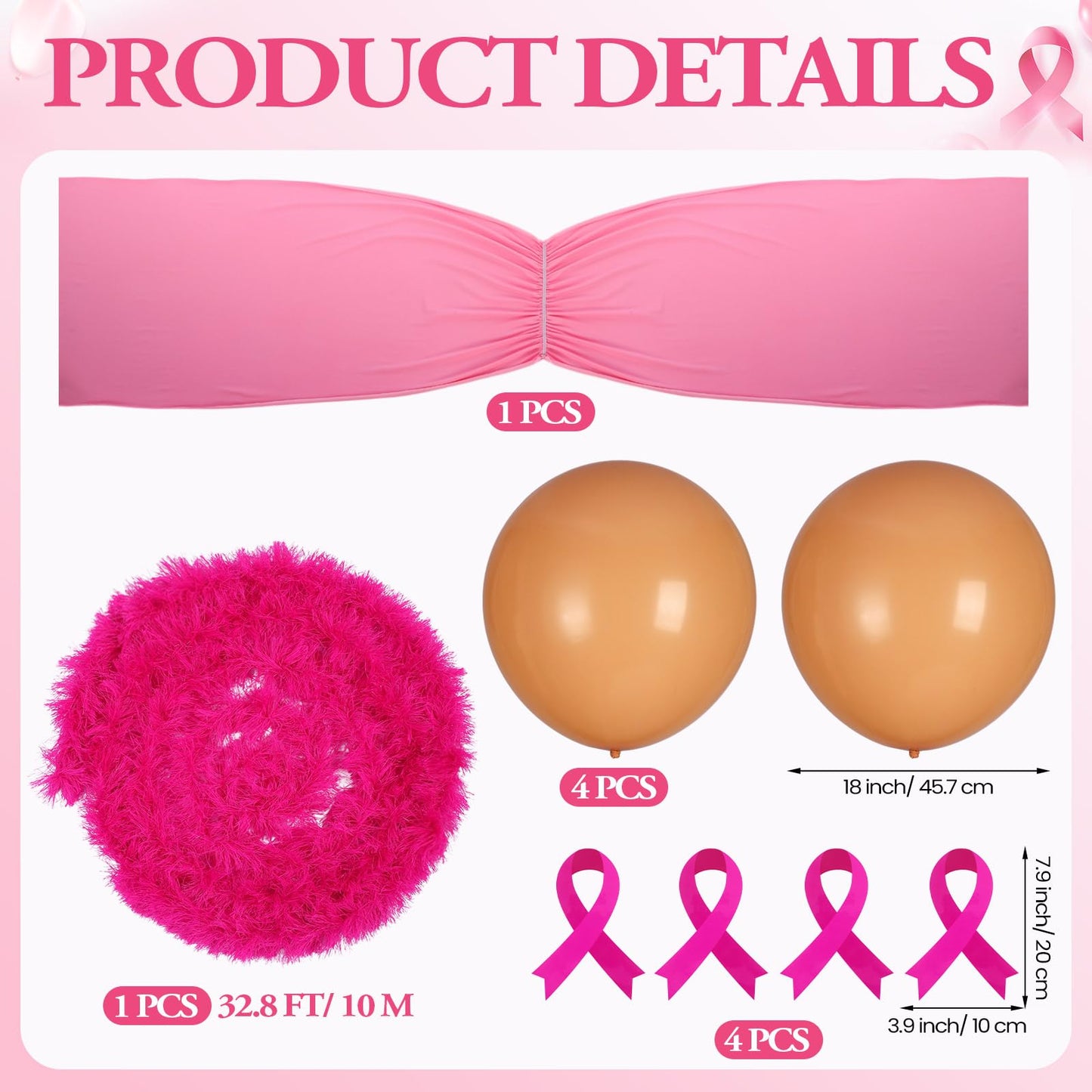 Suncalla Breast Cancer Awareness Golf Cart Decorations Kit Large Bra Shaped Balloon Decoration Feather Boa Pink Ribbon Stickers for Breast Cancer Awareness Themed Decor Women