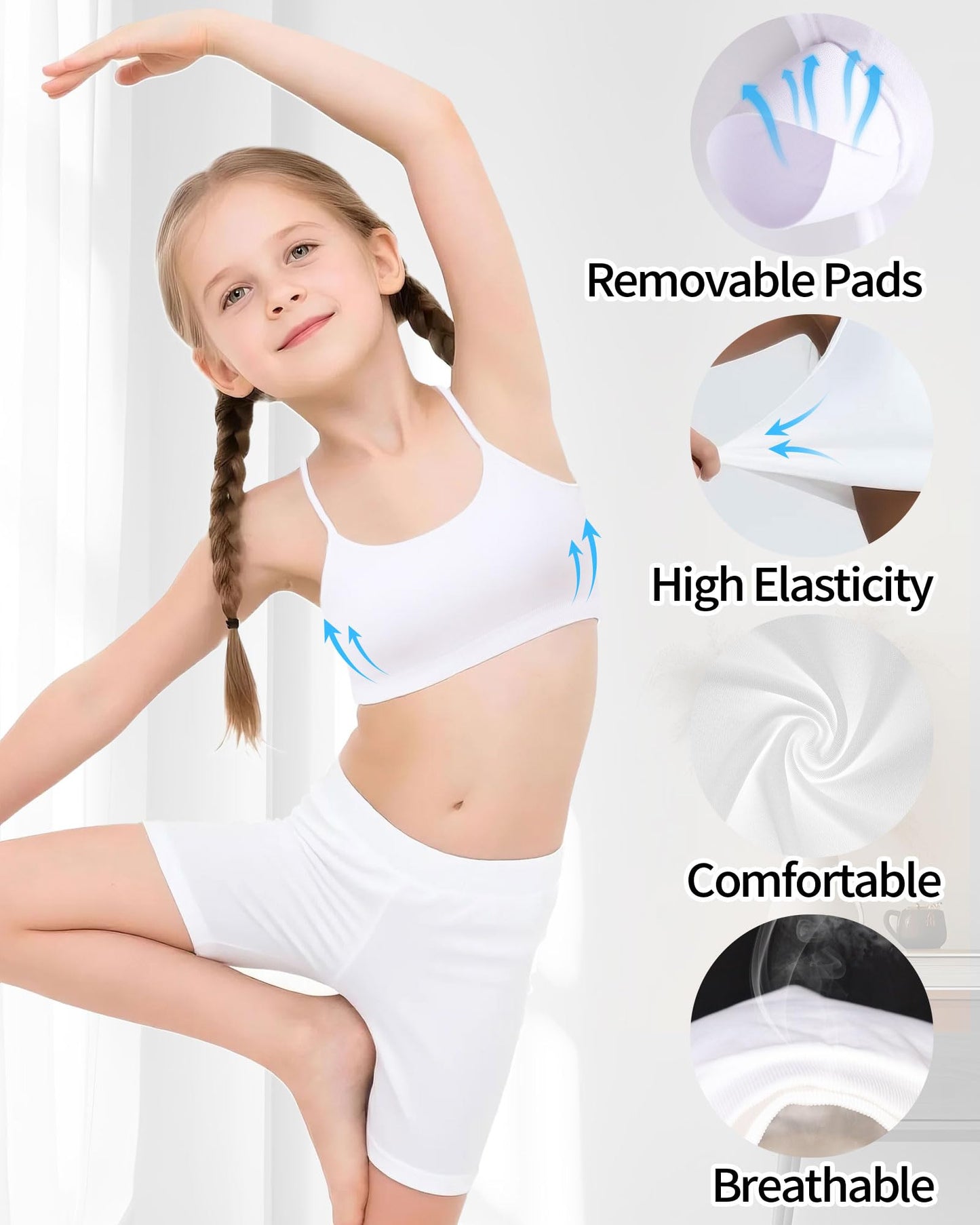 Seamless White Sports Bra for Girls Teens Spaghetti Strap Y-Back Training Bra Comfort Crop Top with Removable Padding