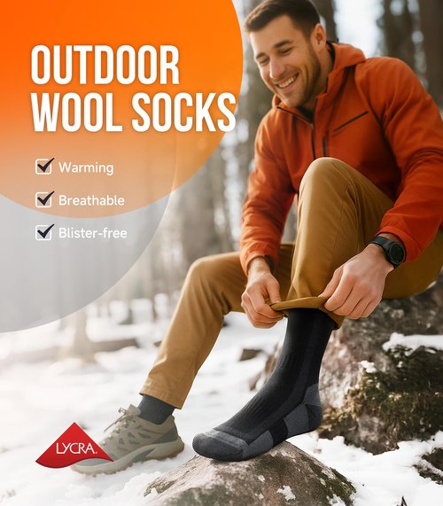 PULIOU Merino Wool Hiking Socks for Men & Women, 3 Pairs Cushioned Moisture Wicking Crew Socks, Breathable Lightweight Boot Socks for Hiking, Camping, Outdoor Activities-L