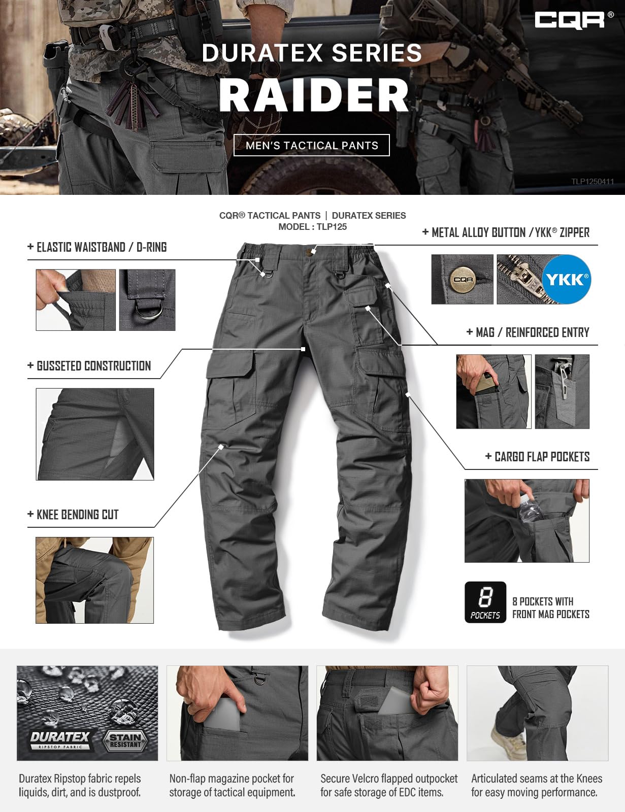 CQR Men's Tactical Pants, Water Resistant Ripstop Cargo Pants, Lightweight EDC Work Hiking Pants, Outdoor Apparel, Duratex Mag Pocket Charcoal, 30W x 30L