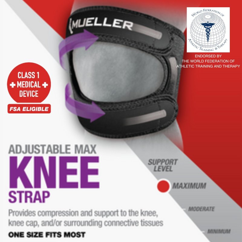 MUELLER Sports Medicine Adjustable Max Knee Single Strap, Knee Pain Relief Support for Men and Women, Ideal for Osgood-Schlatter's, Runner's Knee, Patellar Tendinitis, Black, Large/X-Large
