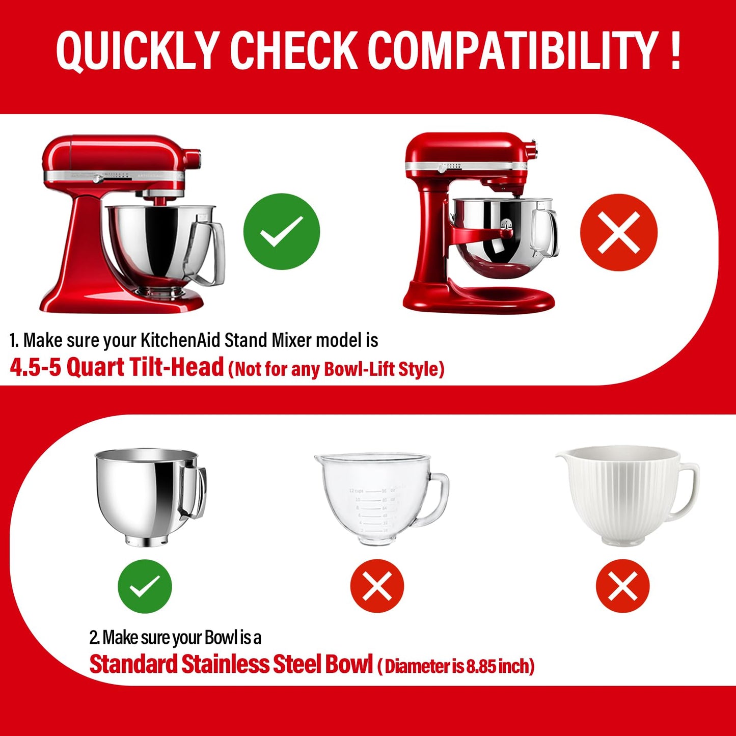 Pouring Shield for KitchenAid Tilt Head 4.5-5 QT (for Stainless Steel Bowls Only), for Kitchen aid Accessories and Attachments, Fully Enclosed Foldable Lid Mixer Bowl Cover, Not For Bowl Lift (Red)