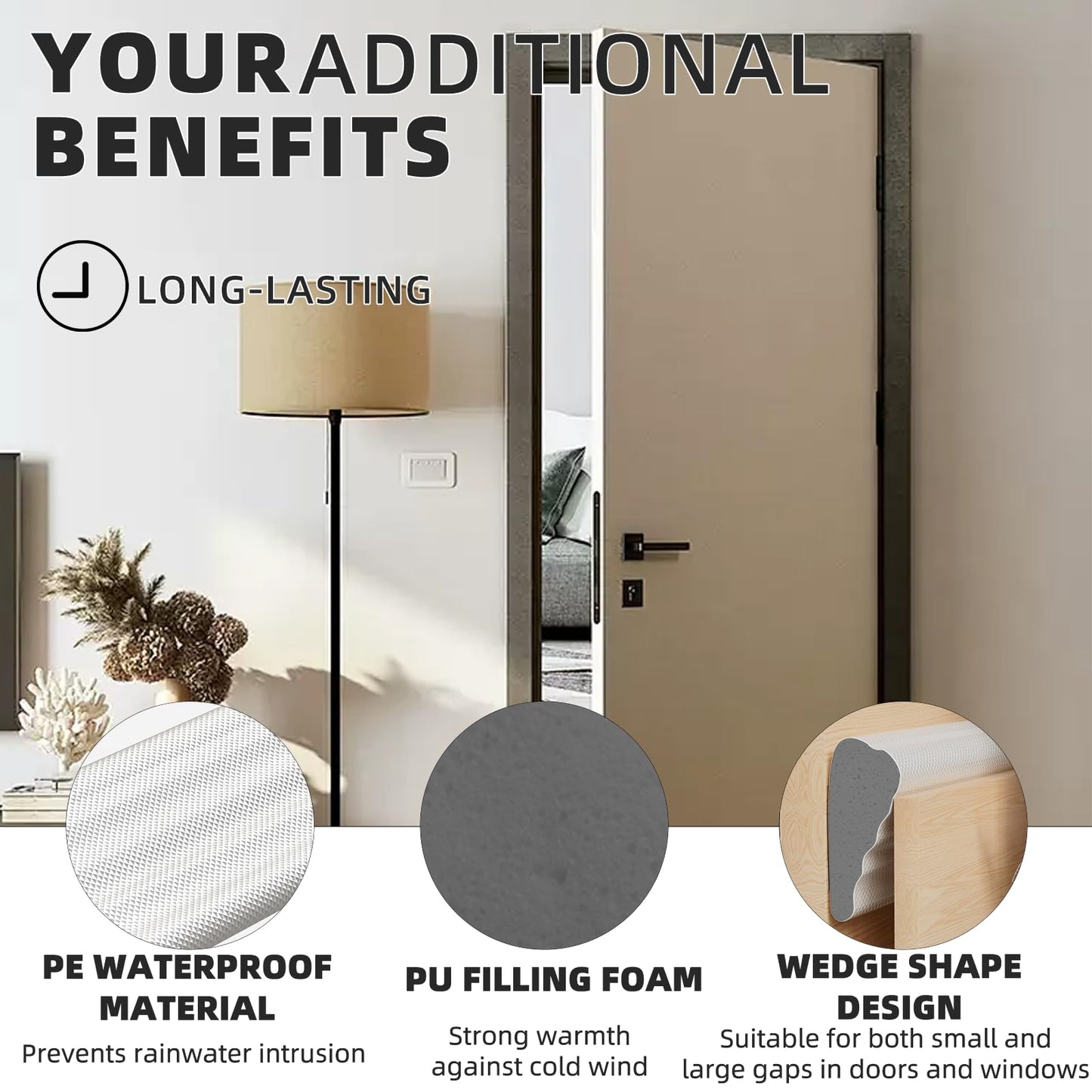 Upgraded 118 Inch Wedge-Shape Weather Stripping Door Seal,Self Adhesive Dark Gray Foam Core for Lightprooof,Windows and Doors Insulation,Weatherstrip Tape for Door Soundproofing,Drafts Blocker,White