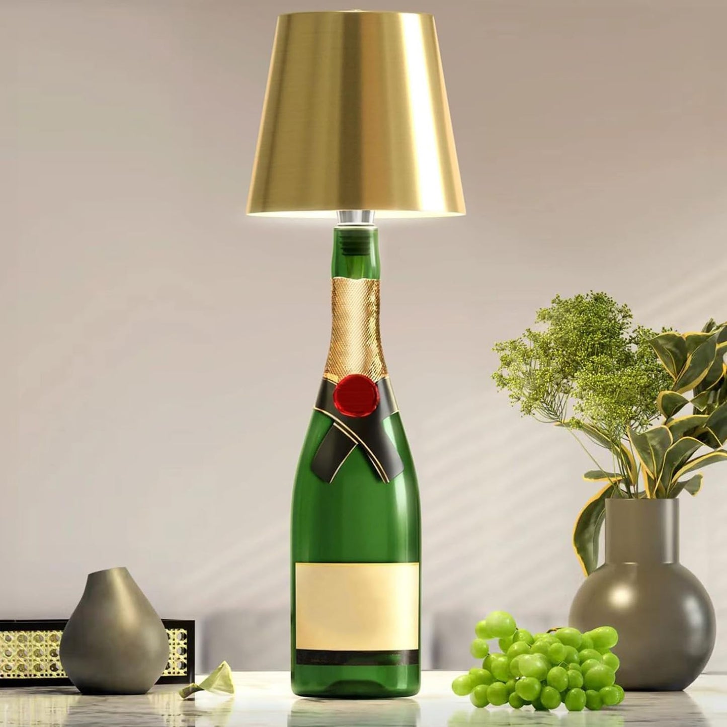 Cute LED Wine Bottle Lamp,3 Color Wireless Bottle Table Lamp, Touch Control Wine Bottle Night Light, Rechargeable Led Bedside Lamp, Embed Portable Bottle Lights for Livingroom/Restaurant/Bar (Gold)