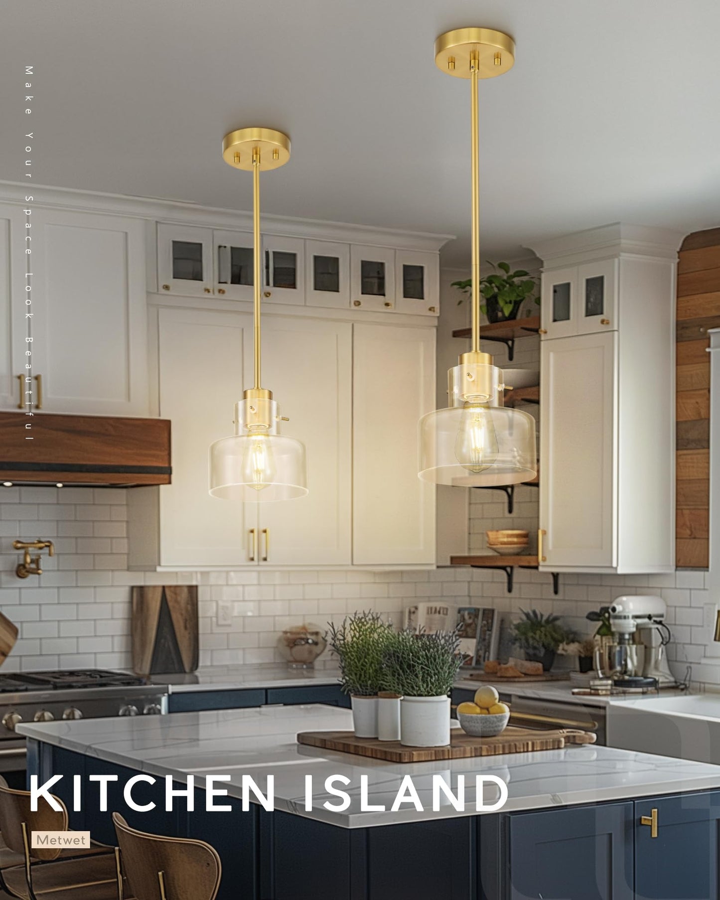METWET 2 Pack Pendant Lights Kitchen Island, Brushed Gold Pendant Light Fixtures Over Island with Clear Glass Shade, 6" Modern Brass Kitchen Island Lighting for Dining Room Entryway, PL124-BG-G-2PK