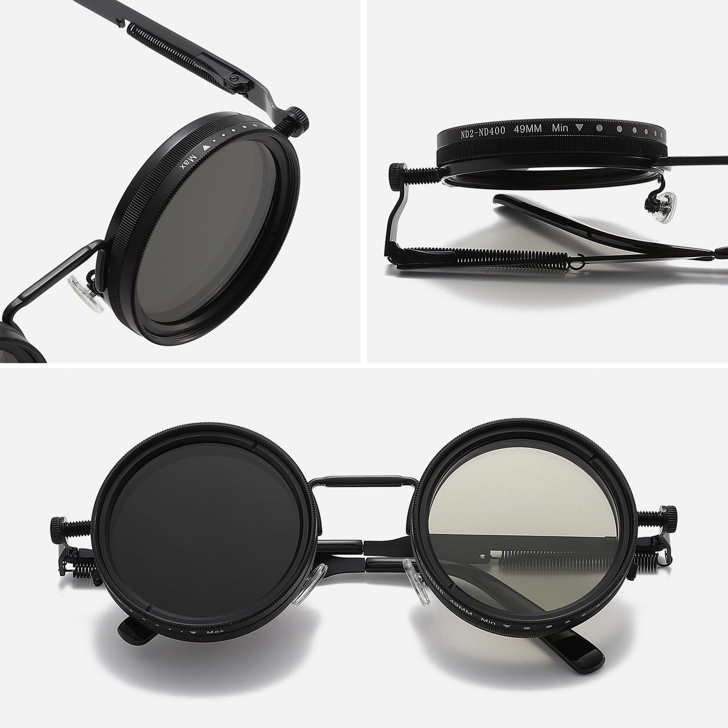 JOLLYNOVA Adjustable Tint Sunglasses, 1-9 Gears Steampunk Retro Metal Round Polarized Glasses with ND Filter Lenses (Black)