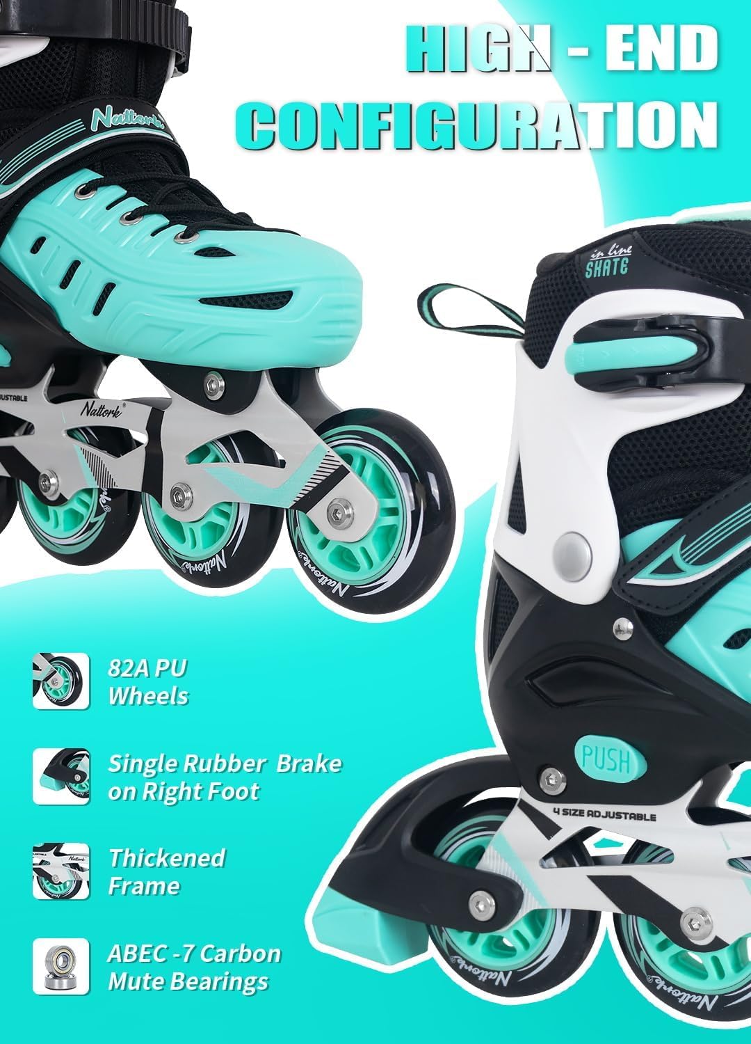 Teal Inline Skates for Youth Girls Women, 4 Sizes Adjustable Blades Roller Skates with Ankle Support, Adjustable Strap, 84mm Wheels and Soft Boot Fit for Skating, Roller Derby, Street Hockey