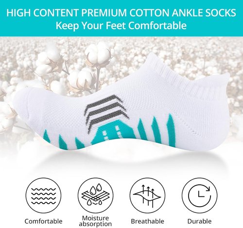 COOPLUS Ankle Socks - Women's Athletic Cushioned Low Cut Running Socks | 6 Pairs, Anti-Blister Cotton