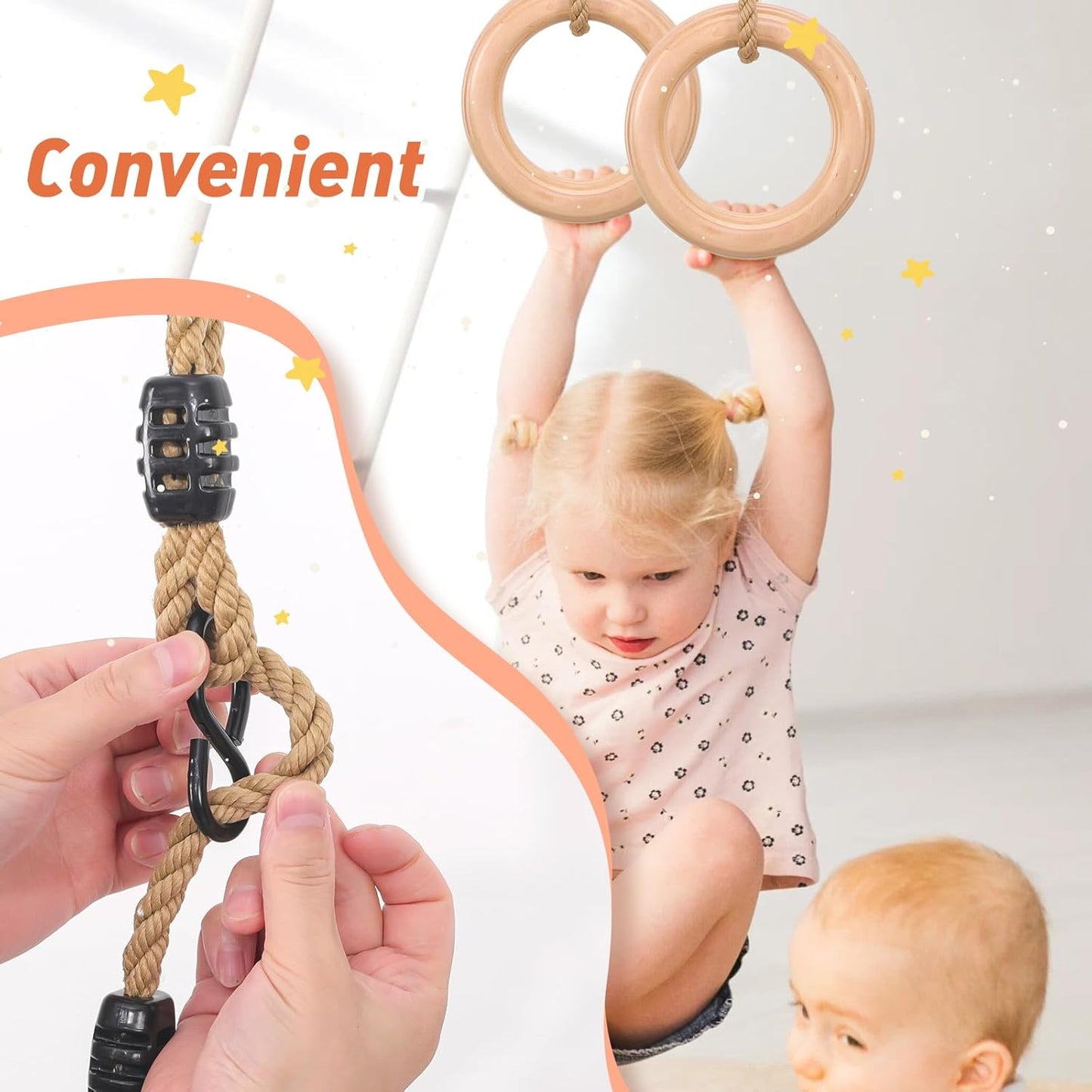 YAERSI Wooden Gymnastics Rings - Adjustable Pull-Up Rings for Kids' Home Exercise | Durable & Safe