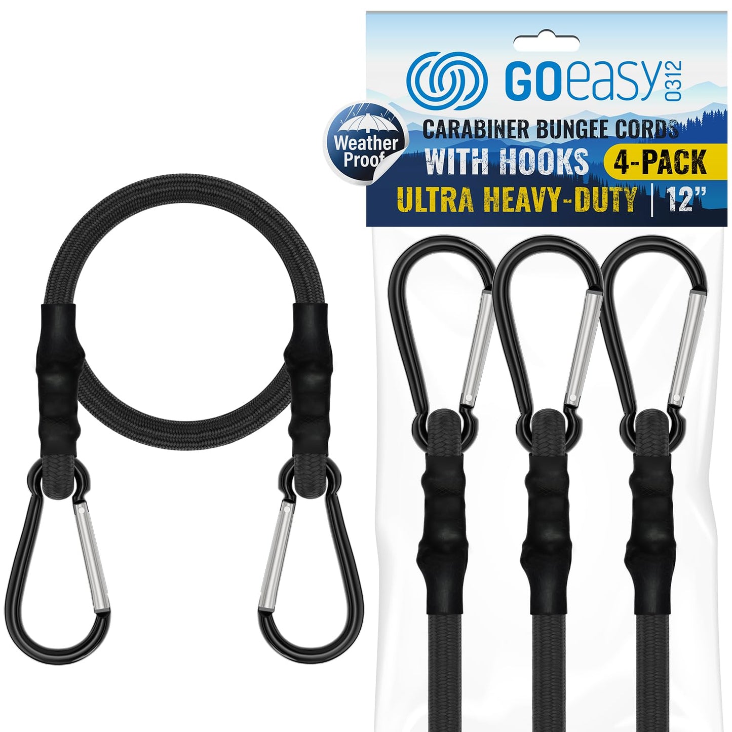GOEASY0312 Carabiner Bungee Cords with Hooks Heavy Duty - 12" Elastic Bungee Cords With Carabiner Hooks 200 LBS Max Break Strength, UV Resistant for Camping, Tarps, Bike Rack, Tent, Car - 4pcs (Black)