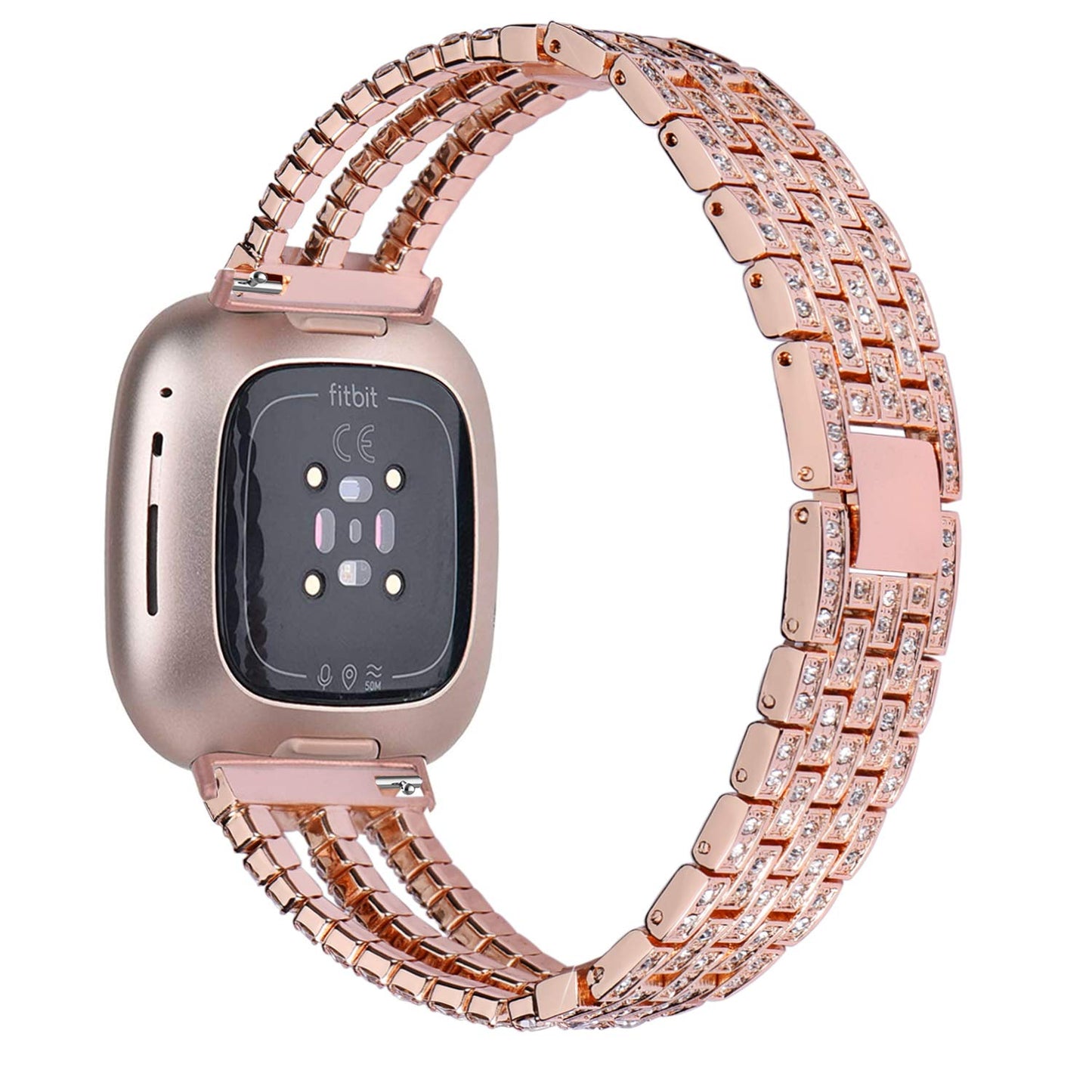 Wongeto Bling Bracelet Compatible with Fitbit Versa 3/Fitbit Sense Women Men Stainless Steel Jewelry Rhinestone Dressy Wristband Strap Bracelet (Rose Gold)