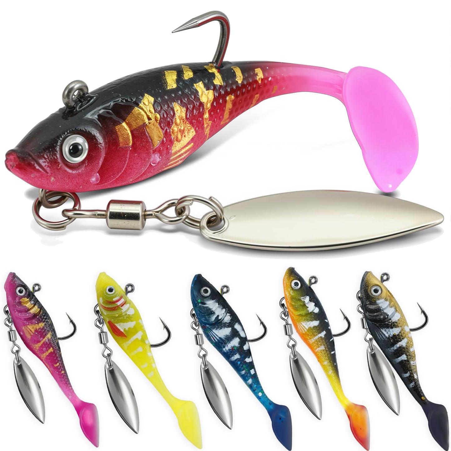 5pc Pre-Rigged Swim Baits for Bass Fishing - Jig Heads Soft Plastic Walleye Lures, Paddle Tail Swimbaits with Spinner Blades for Bass, Crappie & Trout Lures, Fishing Bait for Saltwater & Freshwater