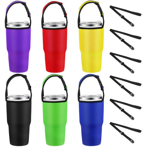 ZHANGBY 6 Set 30oz Tumbler Carrier Holder with Shoulder Strap, Reusable Tumbler Holder Pouch Neoprene Cup Sleeve Cover Holder with Strap Protective