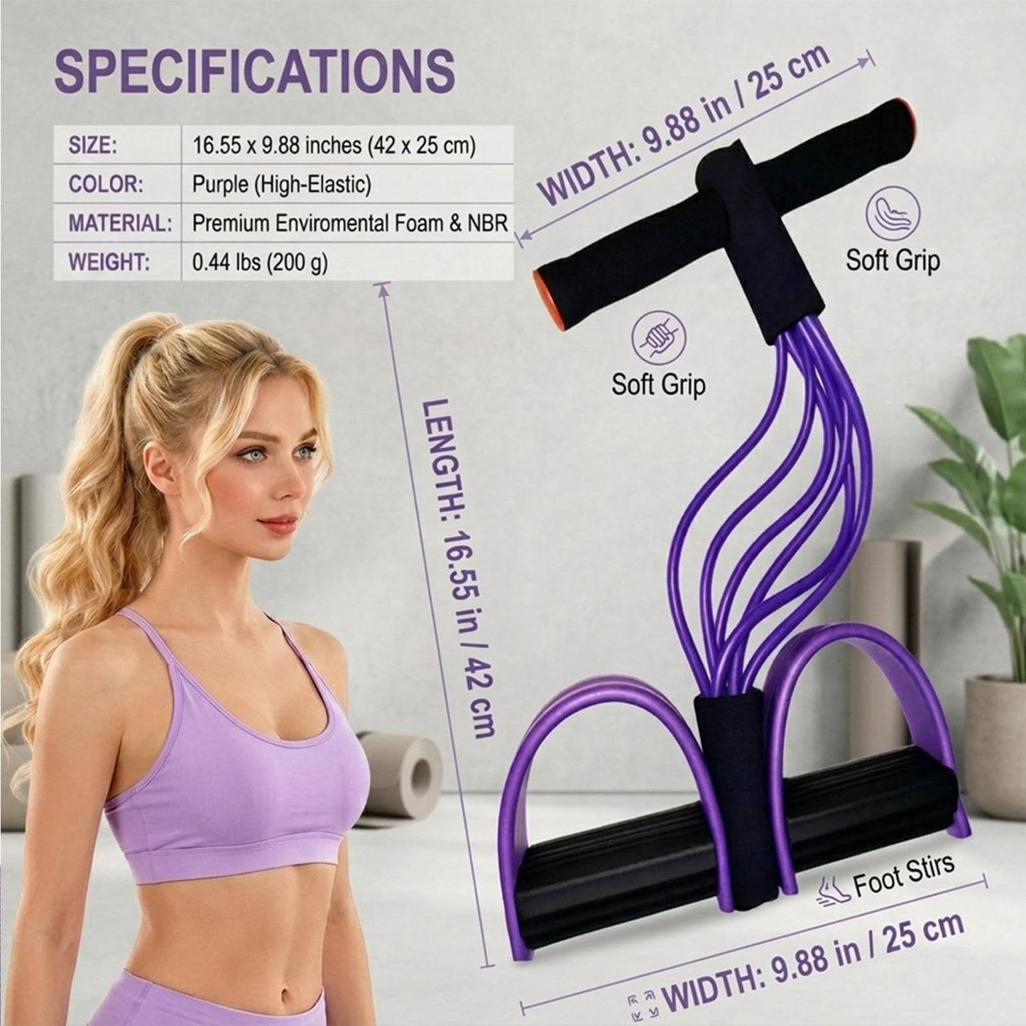 JQTEOYW 6-Tube Pedal Resistance Band with Handles, Purple