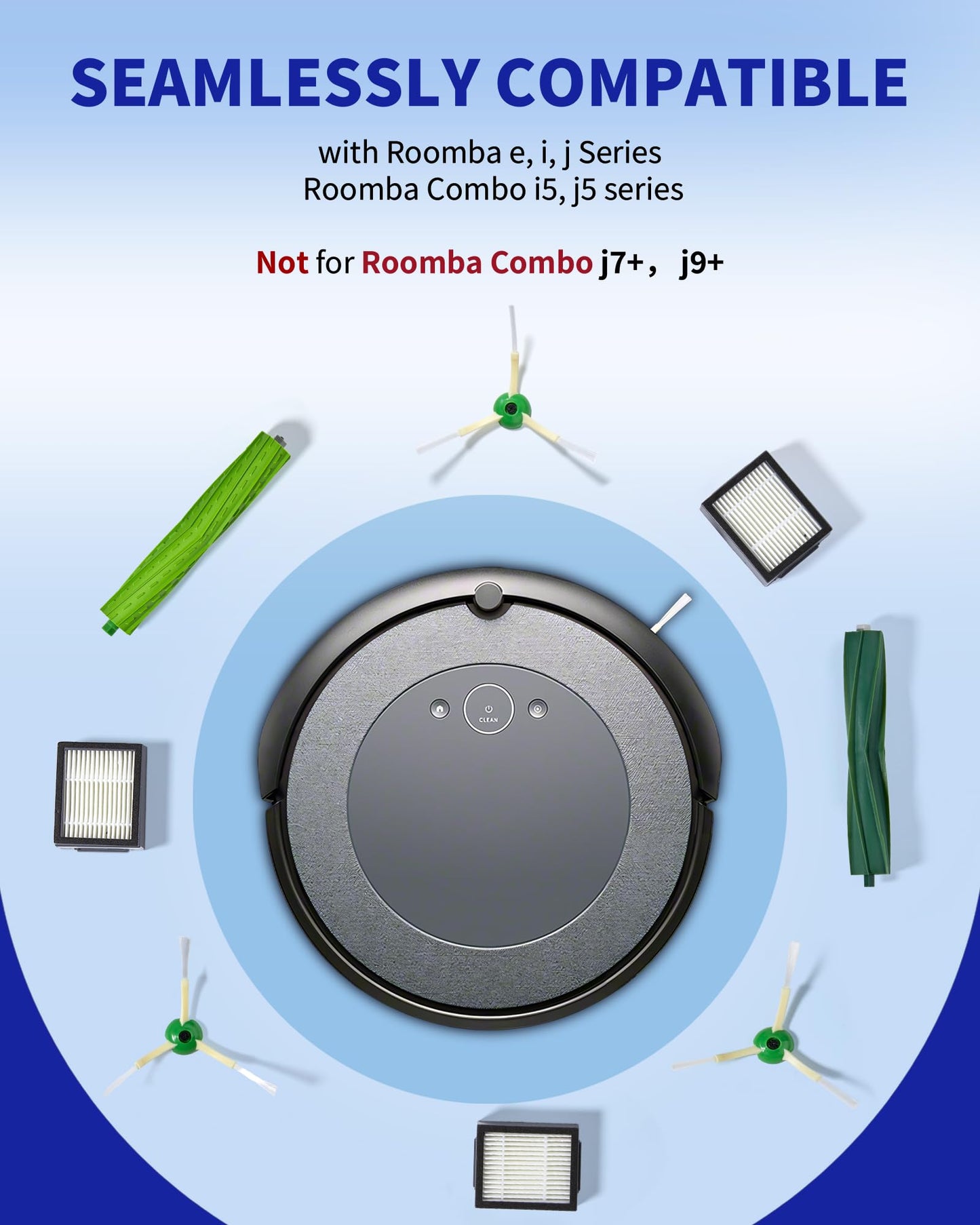 Replacement Parts & Accessories for i-Robot E, I & J Series, Combo i5, j5 Series Robot Vacuum, 2 Dual Multi-Surface Rubber Brushes & 6 HEPA Filter & 6 Edge-Sweeping Brushes