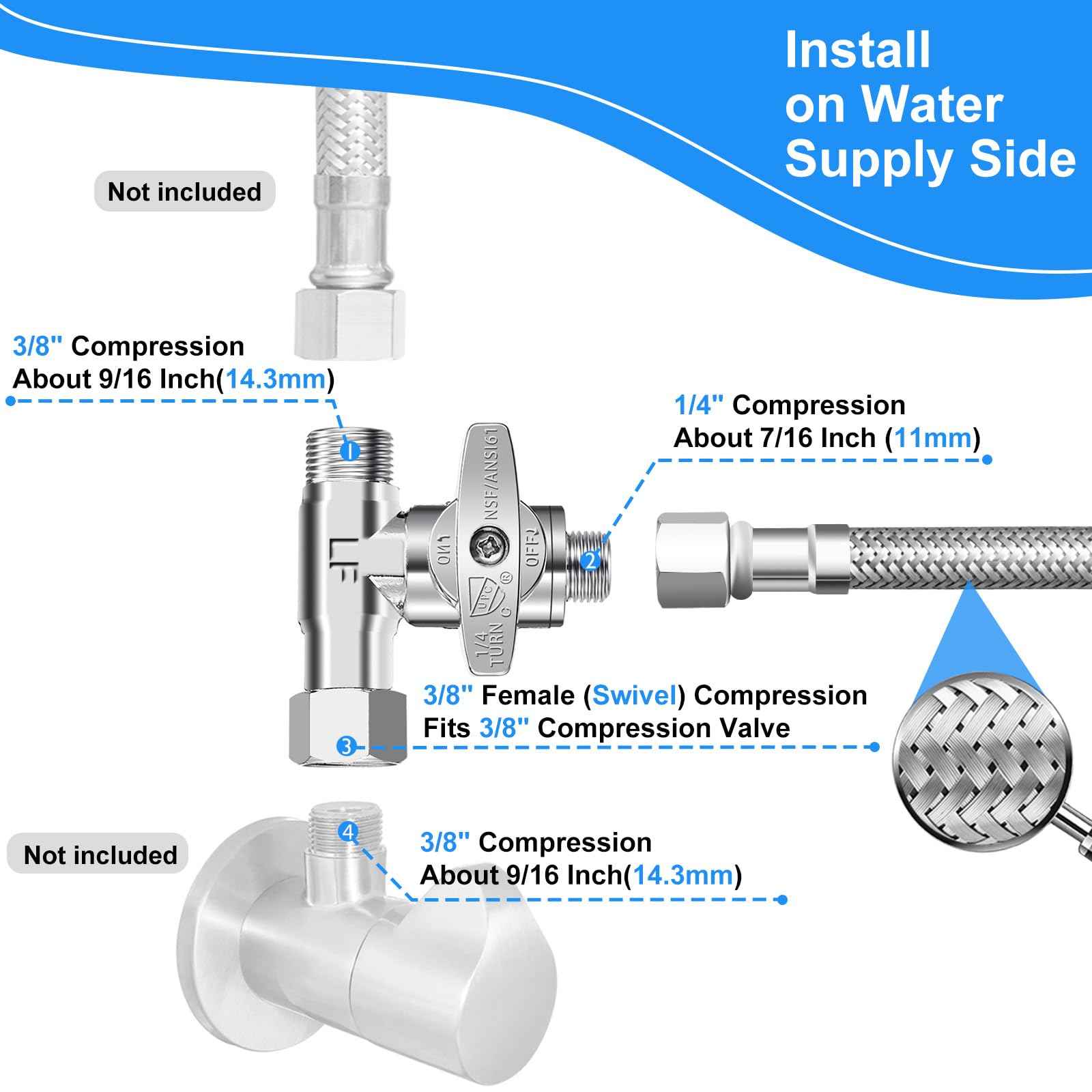 Refrigerator Water Line Kit - 8FT Stainless Steel Braided Ice Maker Water Line with Tee Stop Valve,Foodgrade PEX Inner Hose Fridge Water Line with 1/4" Comp Fitting and Tee Valve