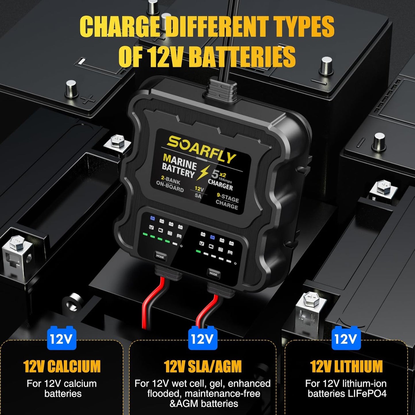 SOARFLY 12V Marine Battery Charger - 10A Waterproof Maintainer & Desulfator for SLA/AGM & Lithium Batteries