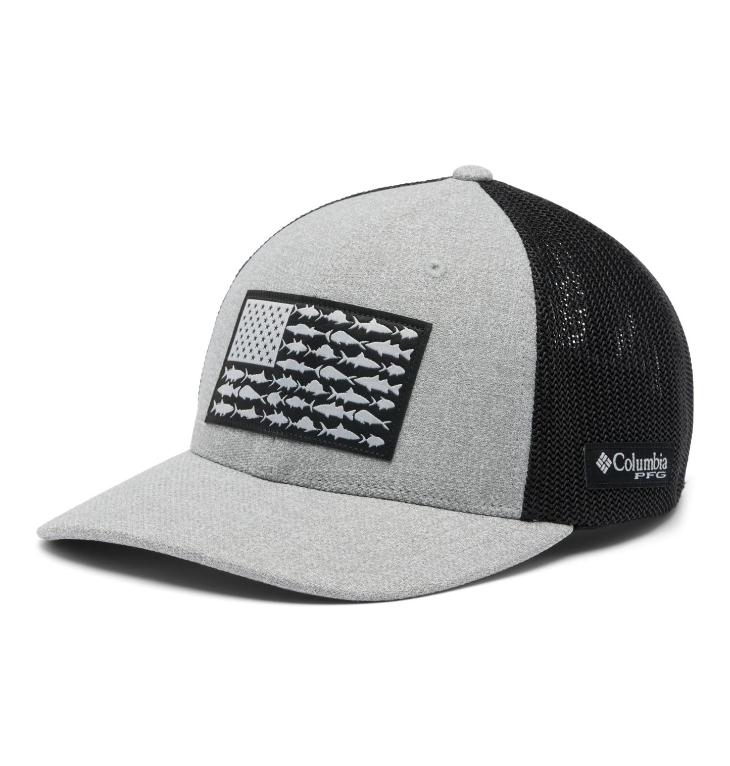 Columbia Unisex PFG Fish Flag Mesh Ball Cap-High Crown, Cool Grey Heather/Grill/US Fish Flag, Large/X-Large