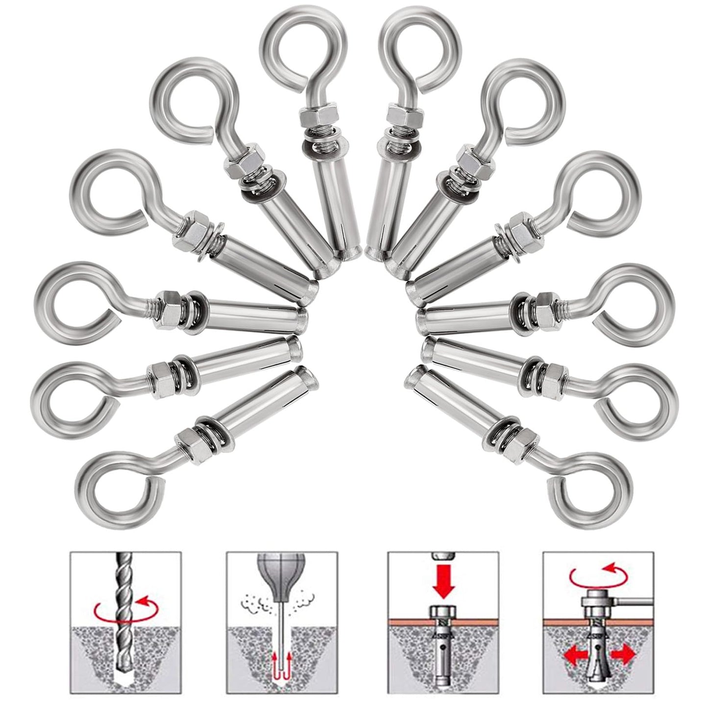 Concrete Eye Bolts 12Pcs, M6 Eyebolt Bolts Stainless Steel Concrete Anchor Eyebolt Screw Hooks, Heavy Duty Brick Anchors Eyebolts Expansion Screw Lifting Ring Bolt Fastener 1/4inch for Concrate Wall