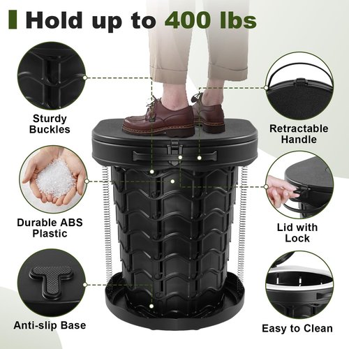 Collapsible Portable Toilet with Odor-Lock Lid - 1-Minute Setup Adjustable Height (2.95in-13.58in) 400lbs Capacity, Backpack-Friendly 3-in-1 Camp Potty for Camping, Hiking, Car, RV & Emergency Use