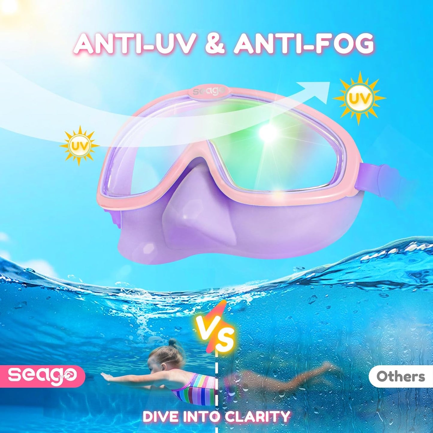 Seago Kids Swim Goggles - Anti-Fog Clear View for Ages 3-12 | 2-Pack with Nose Cover