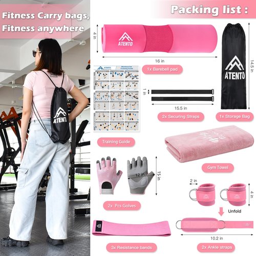 ATENTO 9Pcs Barbell Pad Set for Hip Thrusts, Thick Cushion Hip Thrust Pad for Relief Pressure from Neck Shoulder, Squat Pad Fits Standard Olympic Bars & Smith Machine, Weight Bar Pad for Bench Press, Lunges, Workout, Leg Exercise- Gym Accessories with Ank
