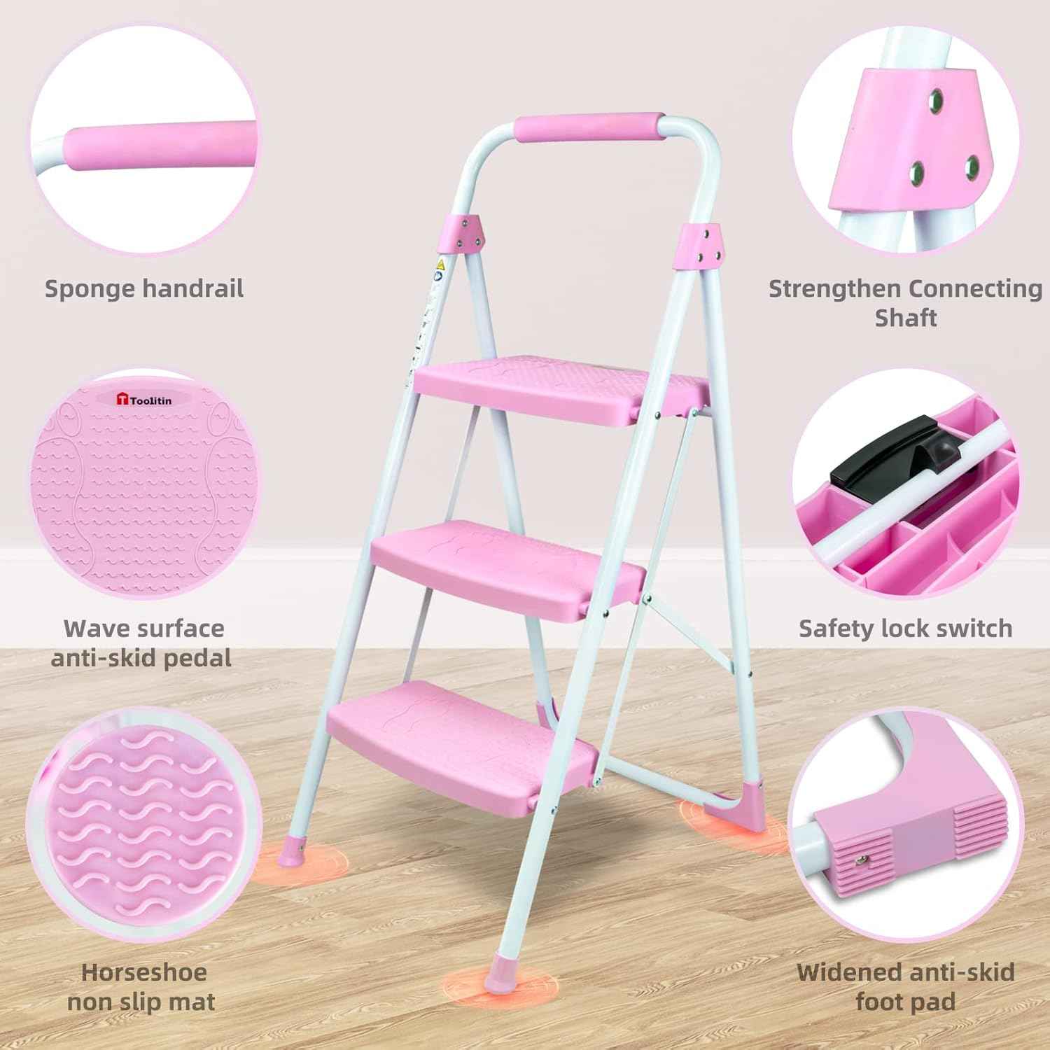 Portable 3-Step Folding Ladder - Sturdy Steel Step Stool with Anti-Slip Pedal & Handgrip, 500lbs Capacity for Home & Office